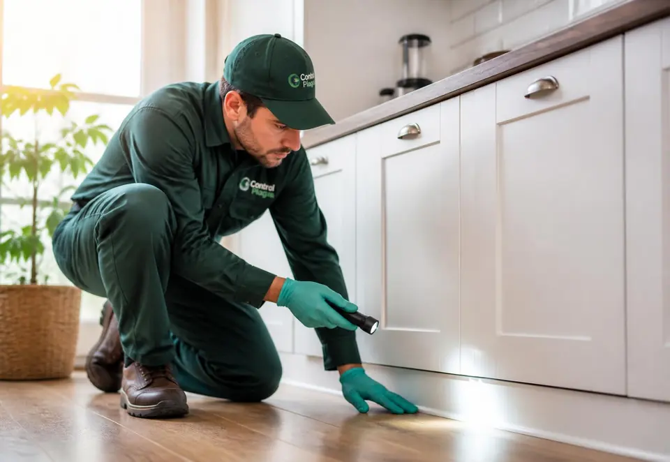 Técnico de control de plagas inspeccionando los zócalos de una cocina en La Plata